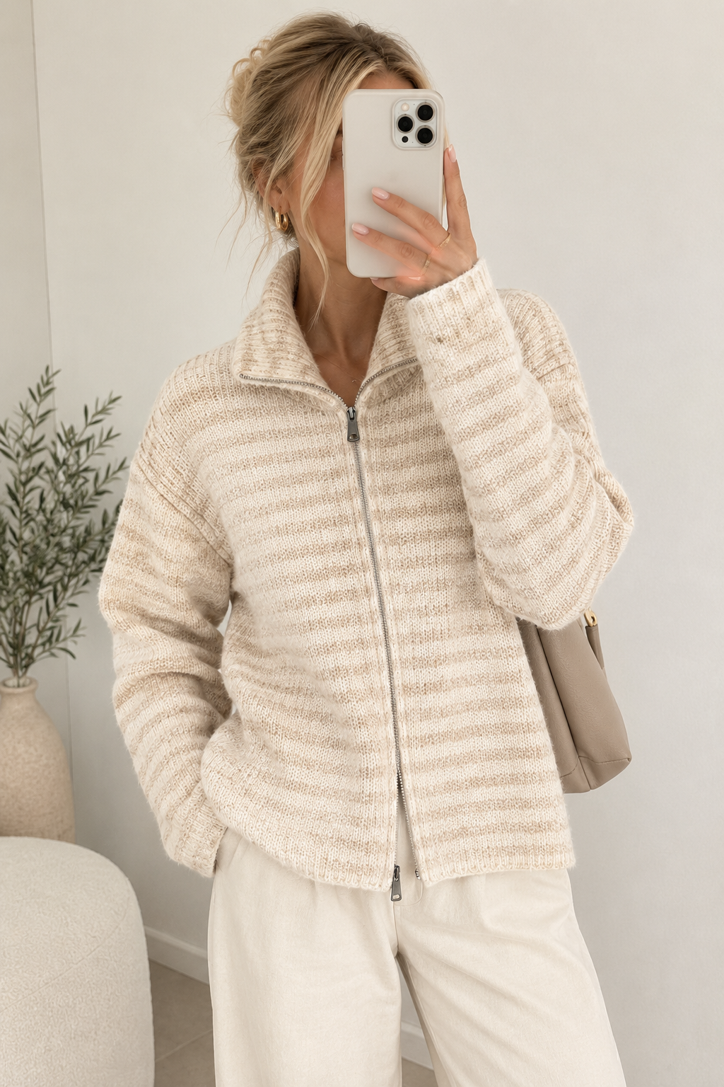 Beige Zip Cardigan